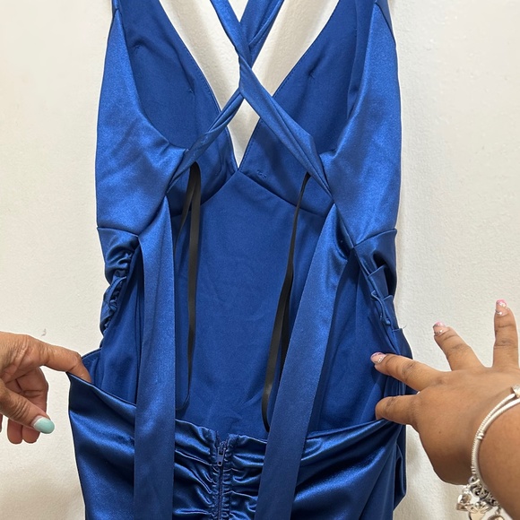 NWOT B. Darlin Sleeveless Satin X-Back Long Marine Blue Dress- Size 13/14 - Picture 9 of 13